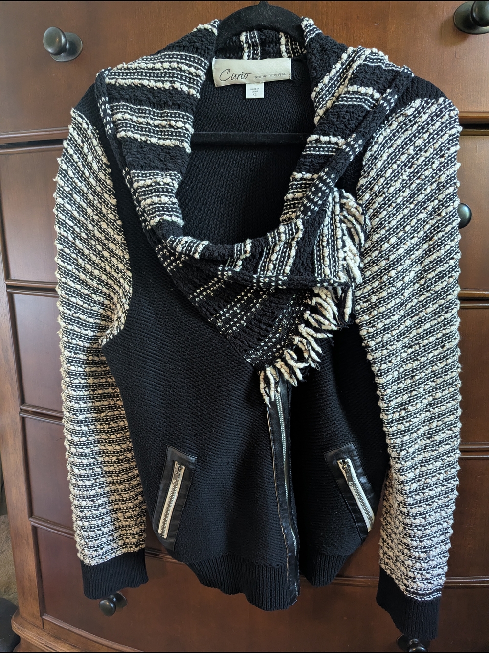 Curio New York Black & Cream Knit Zip and Snap Cardigan with Shawl Collar